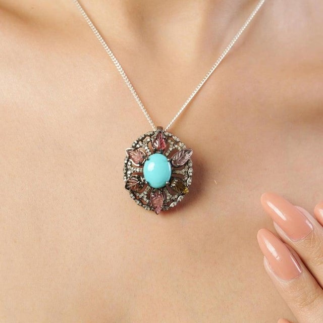 Art Deco Ornate Turquoise Carved Tourmaline Diamond Statement 925 Silver Pendant For Sale - Image 3 of 12