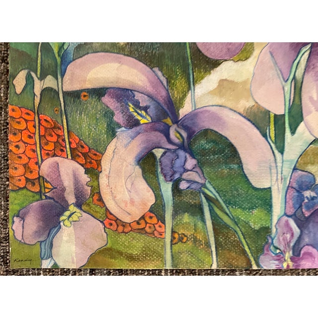 1999 watercolor on paper of irises in a coastal landscape by Arizona artist Randy Ballano. Signed ,dated and titled on...