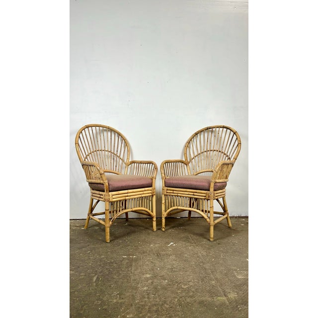 Boho Chic Vintage Rattan Bamboo Fan Back Chairs- A Pair For Sale - Image 3 of 12