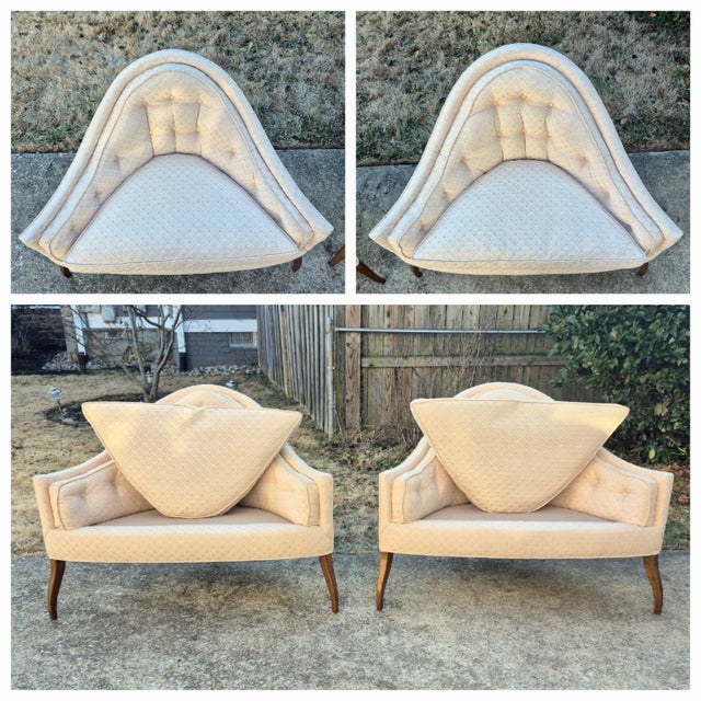 Wood Mid Century Modern Pearsall Style Low Tufted Three Legged Triangle Lounge Chairs - A Pair For Sale - Image 7 of 11