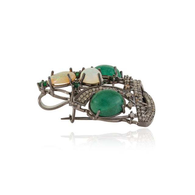 Emerald Vintage Neo-Victorian Art Inspired Natural Emerald Opal Tiara Crown Brooch Pendant in Silver For Sale - Image 8 of 13