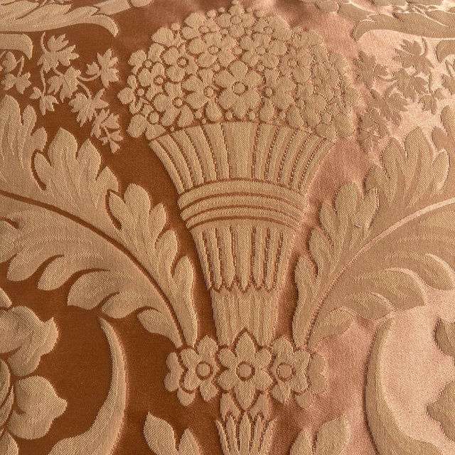 Large and plush peach-colored damask pillow with beautiful rope cording. Silk back with zipper.