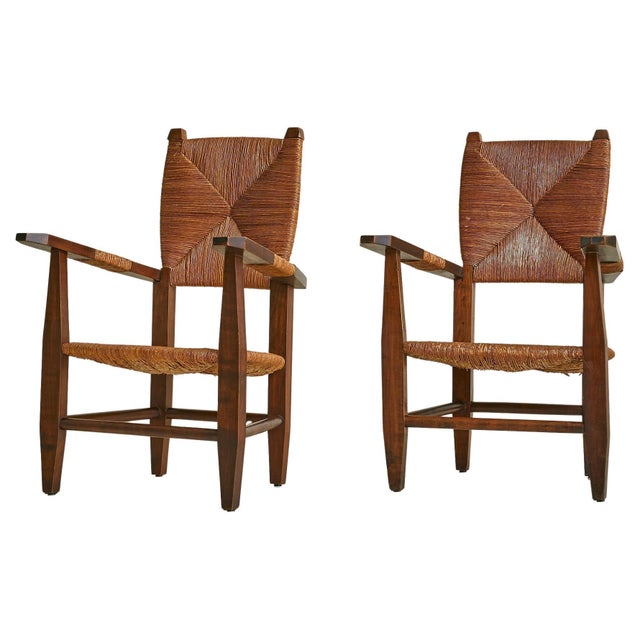 French Wood + Rush Armchair in Manner of Charlotte Perriand, 1940s For Sale - Image 11 of 18