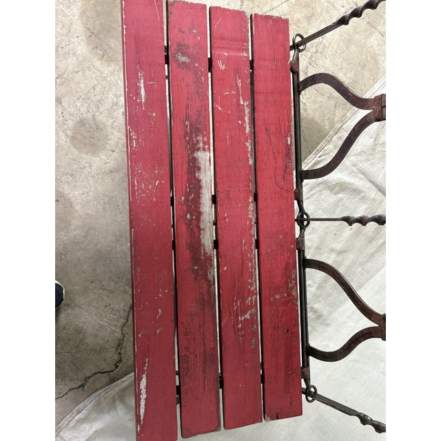 Mid-Century French Bistro Bench With Red Slats and Wrought Iron Frame For Sale - Image 10 of 11