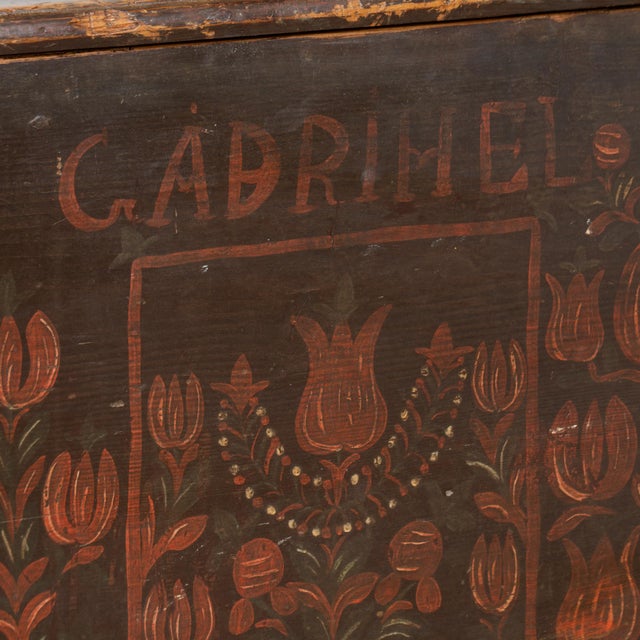 Original Painted Tall Pine Flat Top Trunk Dated 1874 For Sale - Image 13 of 18