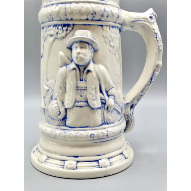Blue Statement Size German Lidded Stein W/ Hunting Motif Man Dog Stag For Sale - Image 8 of 12