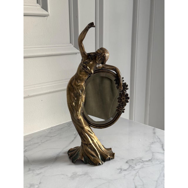 Vintage Patinated Bronze Art Nouveau Standing Lady Vanity Mirror 14” X 6.5” For Sale In Philadelphia - Image 6 of 10
