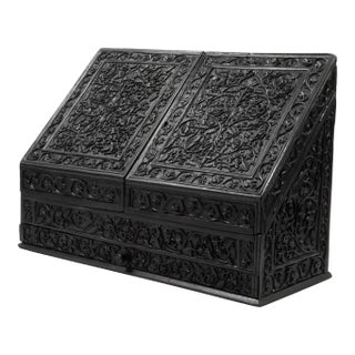 Mid 19th Century Anglo-Indian Carved Solid Ebony Stationery Box For Sale