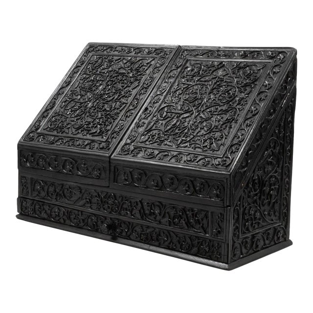 Mid 19th Century Anglo-Indian Carved Solid Ebony Stationery Box For Sale