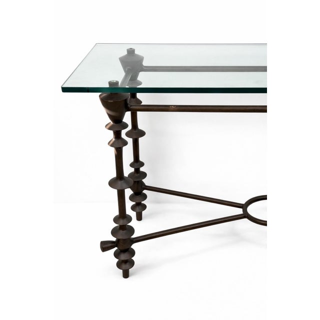 Giacometti-Style Patinated Bronzed and Glass Console Table For Sale - Image 4 of 10