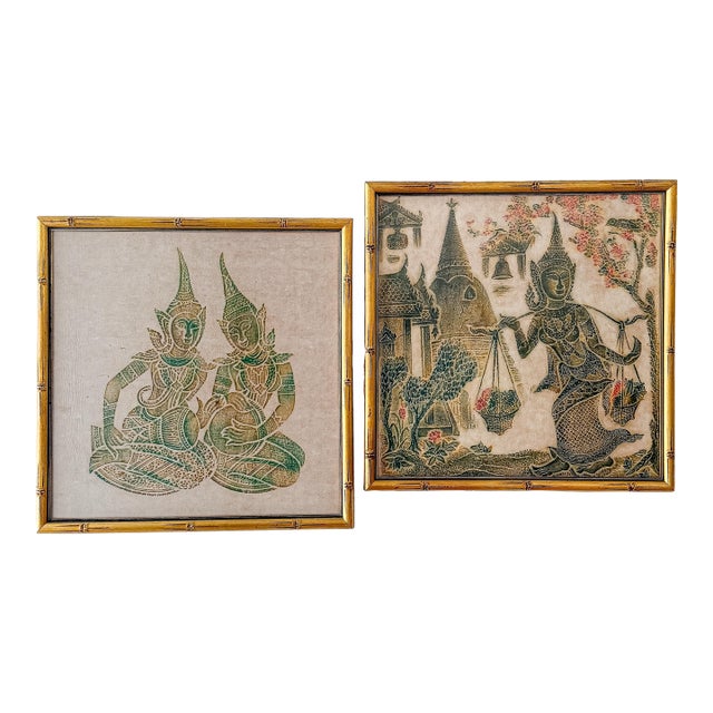 Pair of Framed Thai Rubbing-Style Wall Art in Bamboo-Style Frames For Sale