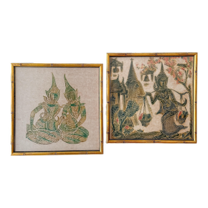 Pair of Framed Thai Rubbing-Style Wall Art in Bamboo-Style Frames