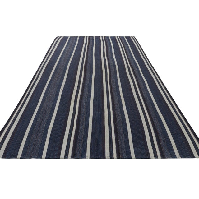 1950s Vintage Turkish Kilim Rug in Navy Blue, Black & White Stripes - Rug & Kilim For Sale - Image 5 of 8