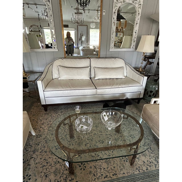 Modern Large Vanguard White Leather & Navy Blue Trimmed Sofa For Sale - Image 3 of 11