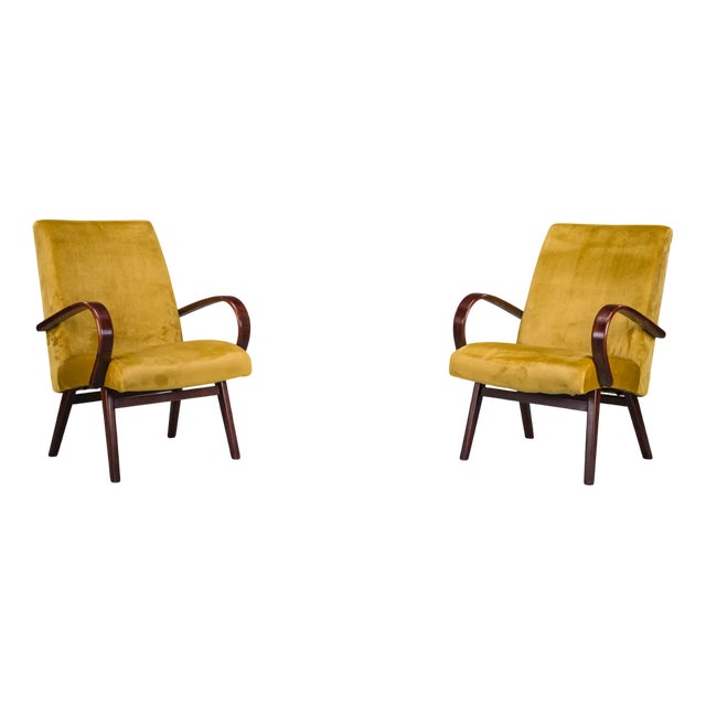 Model 53 Armchairs in Mustard Velvet attributed to Jaroslav Smidek for Ton, 1960s, Set of 2 For Sale