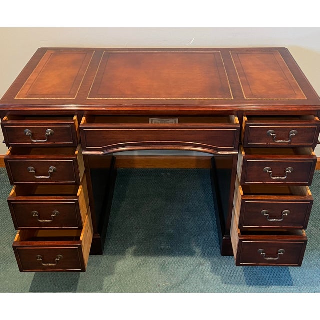 1980s Colonial Manufacturing Leather Top Mahogany Regency Desk For Sale - Image 5 of 10
