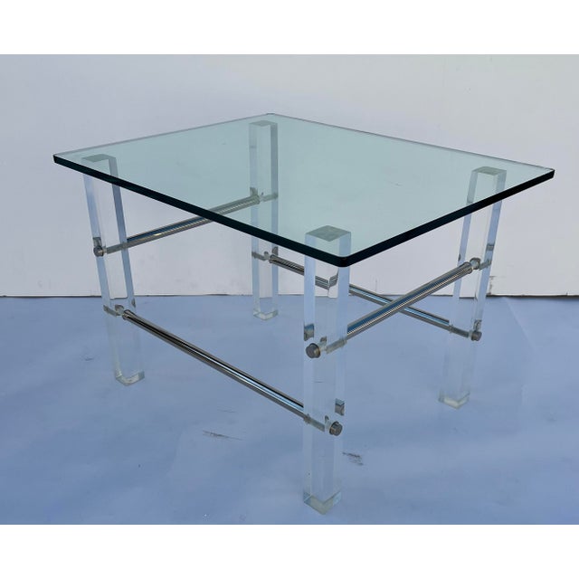 Metal 1970s Mid-Century Lucite Chrome Glass Side Tables - a Pair For Sale - Image 7 of 10