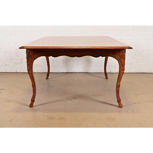 Baker Furniture Italian Provincial Carved Cherry and Burl Wood Extension Dining Table, Newly Refinished For Sale - Image 15 of 17