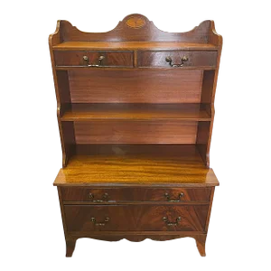 Early 20th Century Mahogany Chiffonier Cabinet With Four Drawers, Open Shelves and Marquetry Cartouche
