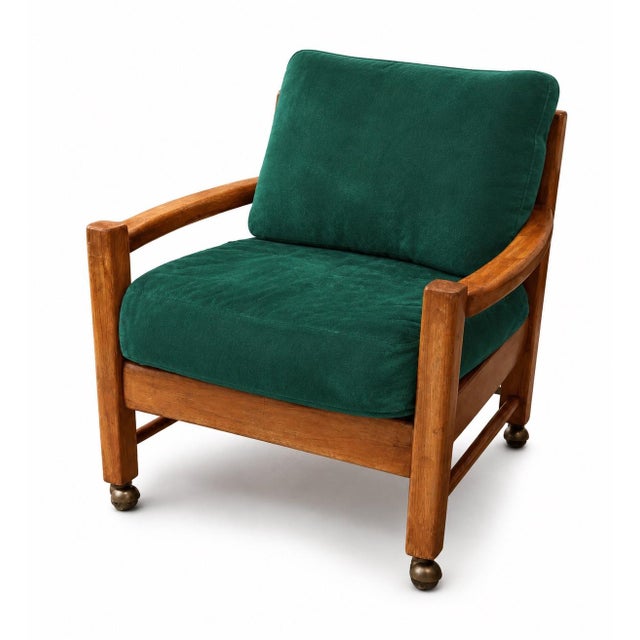 Mid-Century Modern Vintage Solid Wood Lounge Chairs – Set of Four With Emerald Green Velvet Cushions & Original Casters For Sale - Image 3 of 4