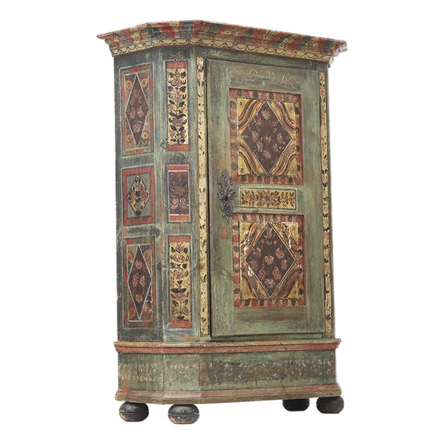 Rustic Farmhouse Folk Art Painted Bridal Cabinet, 1842 For Sale