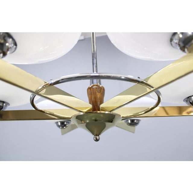 Art Deco Six-Light Chandelier in Brass and Opaline Glass, 1940s For Sale - Image 4 of 11