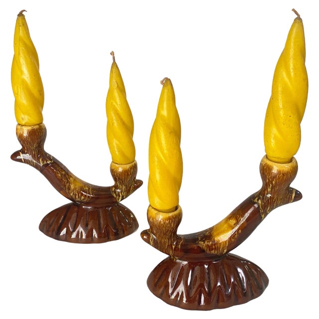 French Candleholder Ceramic with Yellow Candles, France, 1970s, Set of 4 For Sale
