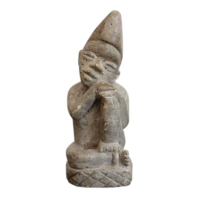 African Tribal Art The Thinker Statue Carved Stone Figurine For Sale
