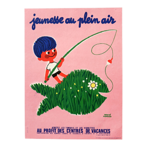 1951 French Poster, Jeunesse Au Plein Air, Hervé Morvan (Boy With a Fish) - Linen Backed