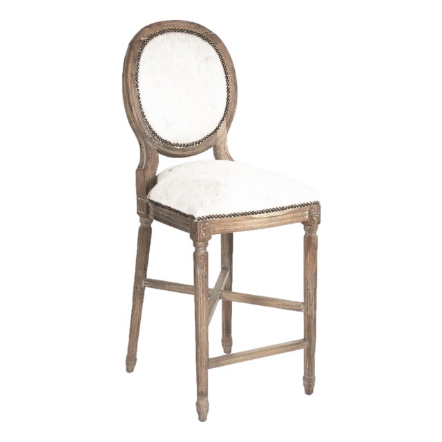 Medallion Louie White Cowhide Counter Stool with Oak Frame For Sale