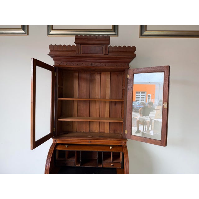 Wood Antique Eastlake Victorian Carved Mahogany Secretary Bookcase With Burl Wood Roll-Top Desk For Sale - Image 7 of 12