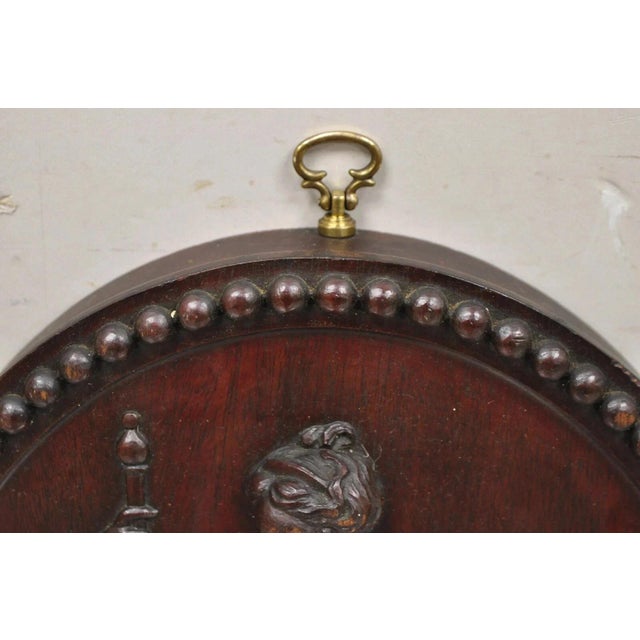 Brown Antique Classical Oval Carved Mahogany Figural Goddess Wall Sculpture Plaque For Sale - Image 8 of 11