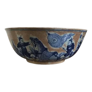 19th Century Chinese Late Qing Porcelain Punch Bowl in Blue & White with Crackle Glaze