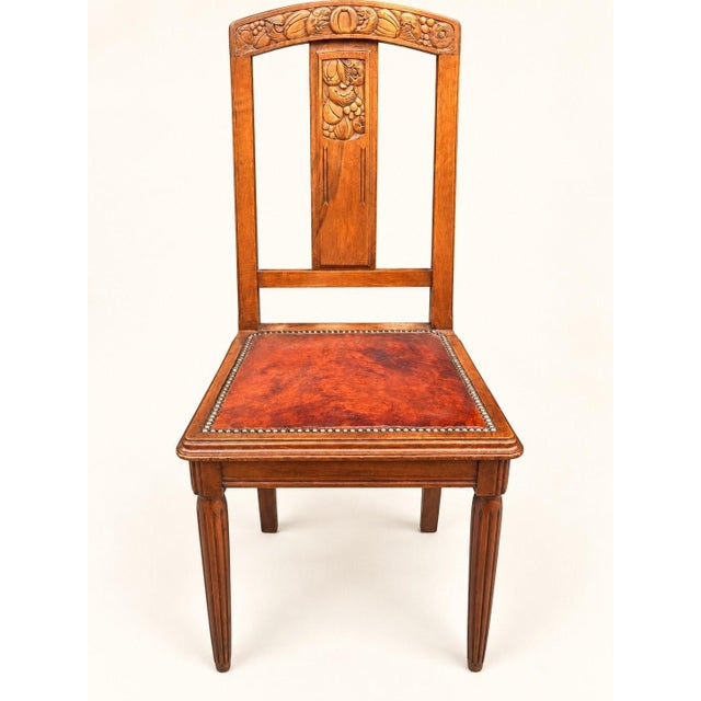 Art Deco Chairs in Carved Walnut with Studded Leather Seats, 1920s, Set of 5 For Sale - Image 6 of 11