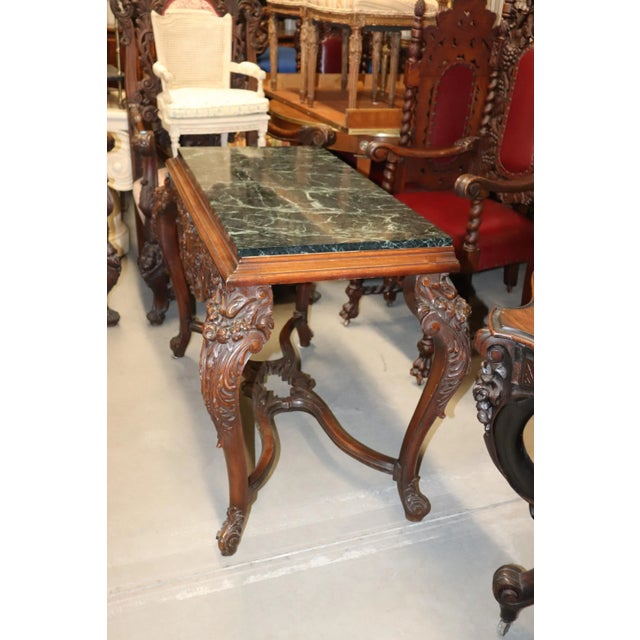 1920s Fine Carved Walnut Verdi Green Marble Top Console Table With Stretcher Base For Sale - Image 5 of 13