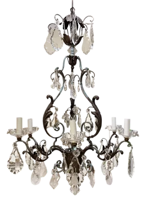 Large French Wrought Iron & Tole Wear, Rock Crystal Chandelier, 1940s