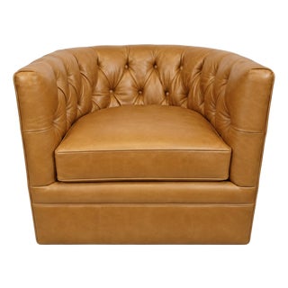 Retro Tufted Caramel Leather Swivel Chair For Sale