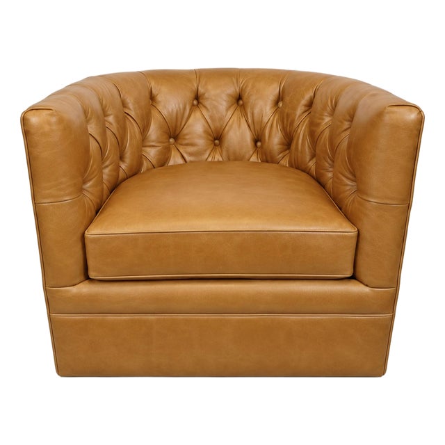 Retro Tufted Caramel Leather Swivel Chair For Sale
