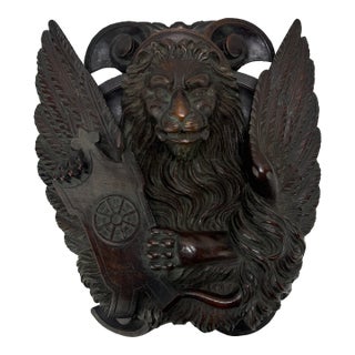 19th C Carved Mahogany Relief of the Lion of Saint Mark Wheel of Saint Catherine For Sale