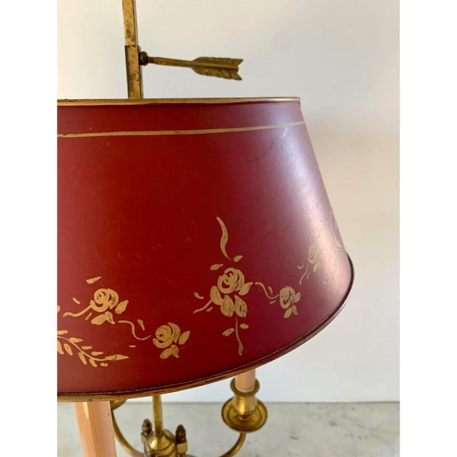 Metal Mid 20th Century French Provincial Louis XVI Brass Three-Arm Bouillotte Lamp With Red Tole Shade For Sale - Image 7 of 11