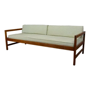 Mid-20th Century MCM Daybed Sofa Walnut Frame With Arms & Gray-Blue Upholstery & Stram Springs