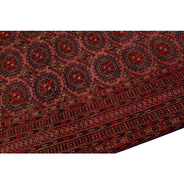 Persian Vintage Turkmen Handmade Geometric Persian Wool Rug With Terracotta Color For Sale - Image 3 of 9