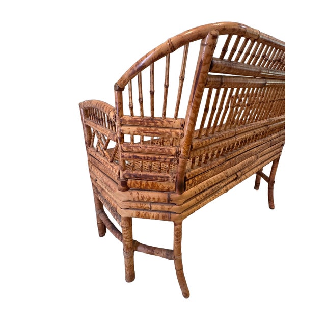 Wood Vintage Brighton Pavilion Style Burnt Bamboo & Cane Settee Bench, C. 1970s For Sale - Image 7 of 11