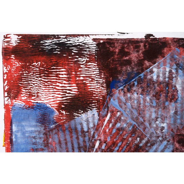 Blue Striped Abstract Expressionist Composition in Acrylic on Paper Bright, saturated abstract painting by California-...