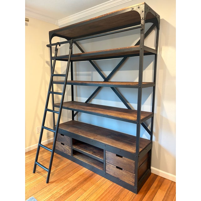 Rustic Arhaus Colton Library 63 Shelving Unit – Forged Iron & Mango Wood, Attributed For Sale - Image 3 of 4