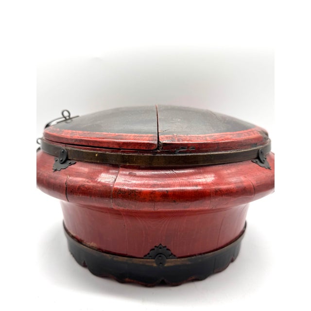 Antique Asian Red Lacquered Wood Covered Rice Bowl With Metal Hardware For Sale - Image 4 of 10