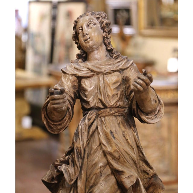 Tan Pair 18th Century Italian Baroque Carved Painted Wood Adoring Angel Sculptures For Sale - Image 8 of 16