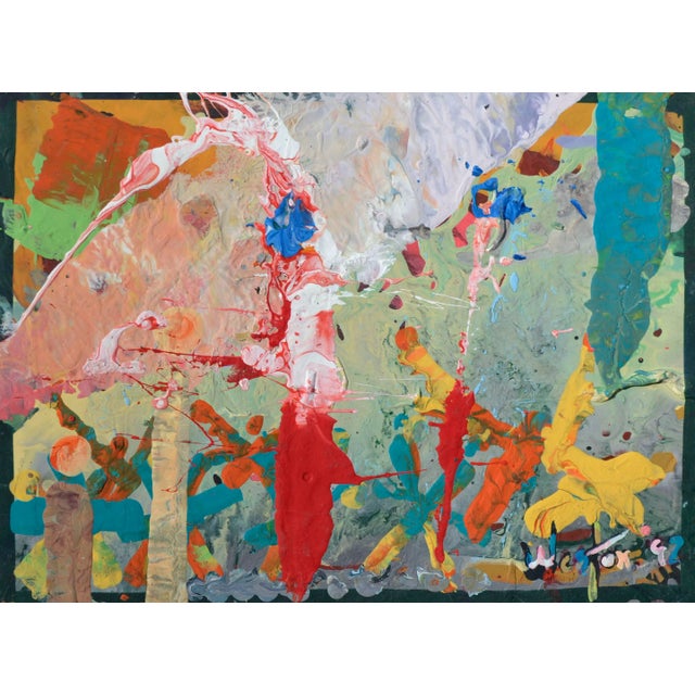 Bright and colorful abstract, highly textured. Tempera on acrylic sheet. Several tiny spots of scrumbling. Signed and...