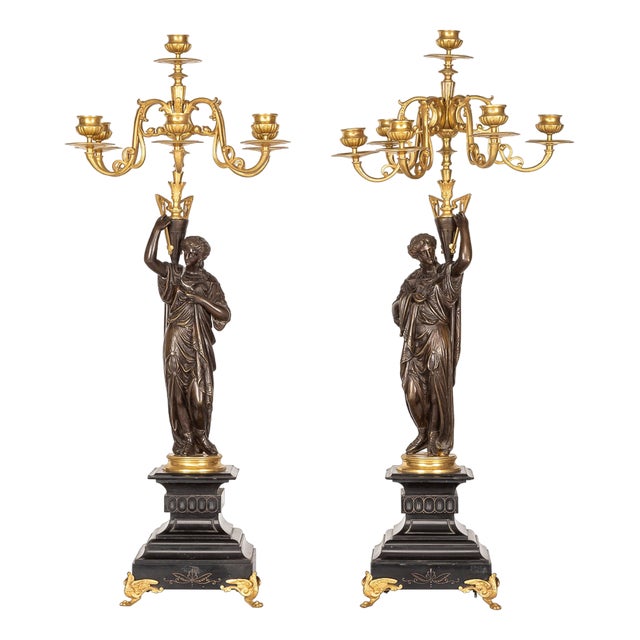 French Ormolu Bronze Candelabras on Black Marble, 1870s, Set of 2 For Sale