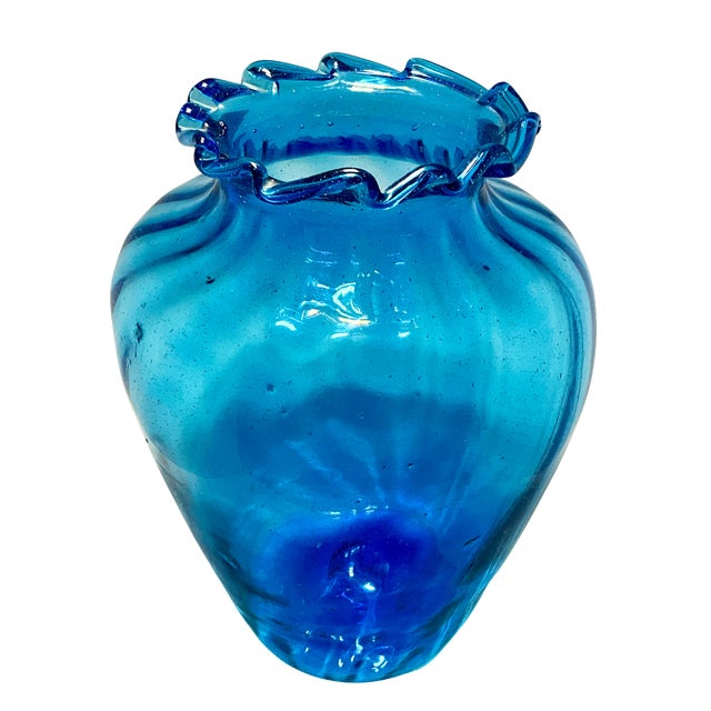 Large Hand-Blown Blue Glass Vase 13.5” For Sale - Image 4 of 6